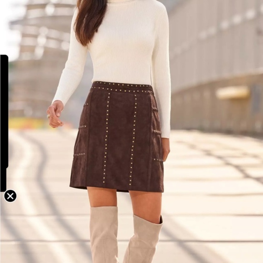 Boston Proper Dark Brown Faux Suede Studded Mini Skirt
